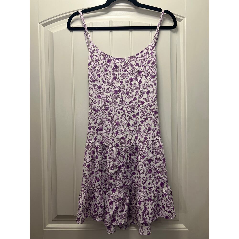 NWT Sky to Moon Women’s Floral Print‎ Open Back Ruffle Dress Size M White Purple